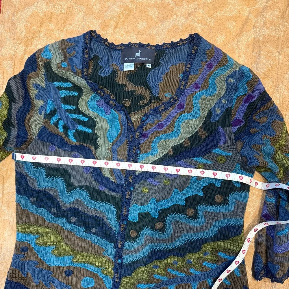 Peruvian Connection all Cotton Knit Cardigan in turquoise, sapphire, and purple - Picture 4 of 6
